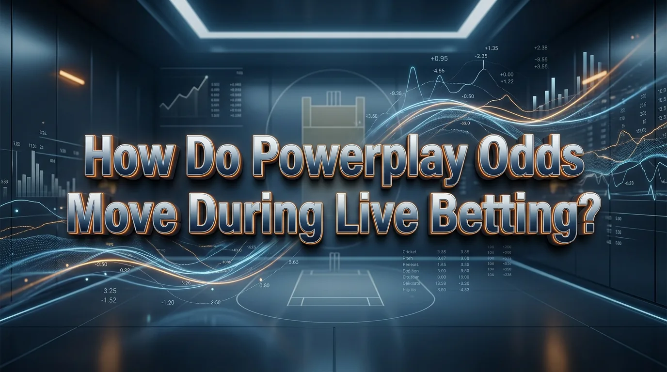 IPL Betting banner showing how Powerplay odds move during live betting, with silver chrome text and dynamic data streams in a