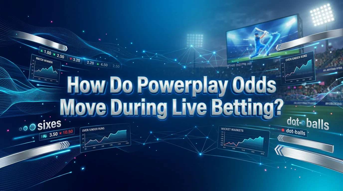 A dynamic digital banner for IPL Betting Sites showing live Powerplay odds moving with data streams and chrome text.
